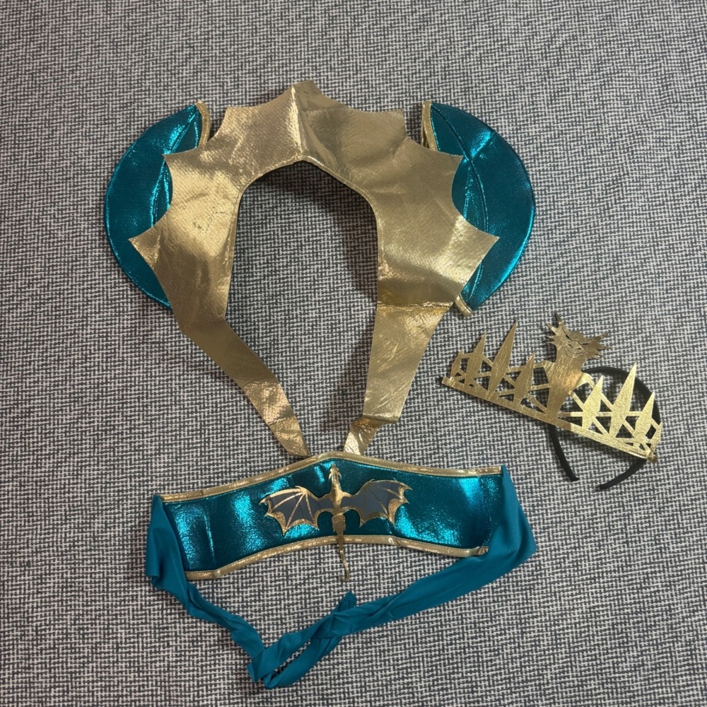 Dragon Queen Costume Accessory Set Teal Gold Crown Collar Belt Adult One Sz NWT